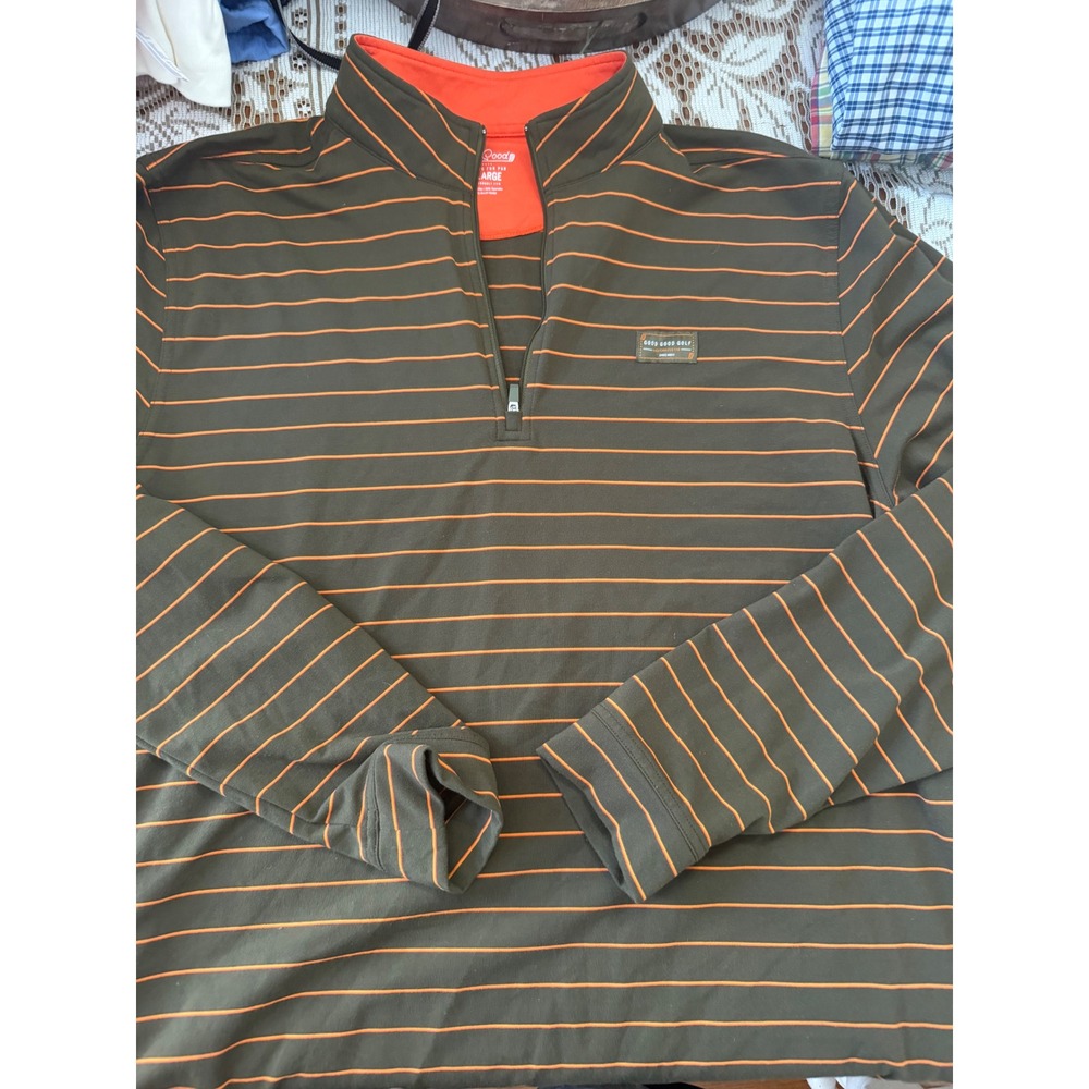 Good Good Golf Mens 2XL Quarter Zip Pullover Olive Green Orange Striped Sweater